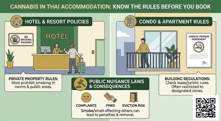 Illustration showing hotel and condo rules about cannabis use in Thailand with private property restrictions.