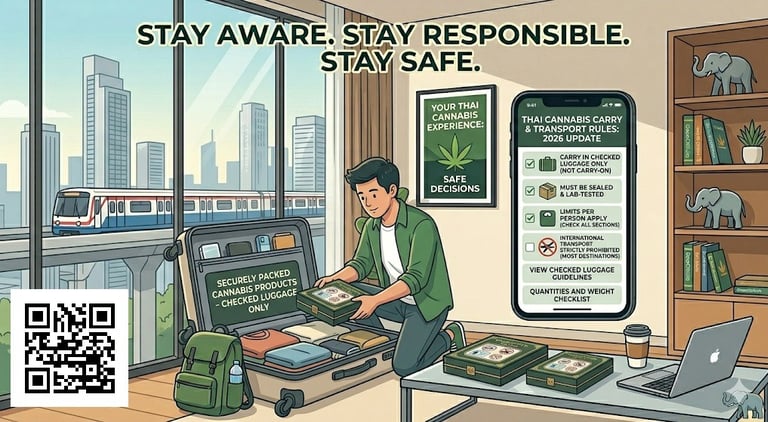 checking cannabis travel rules in Thailand while packing luggage showing safe and legal awareness for transporting weed