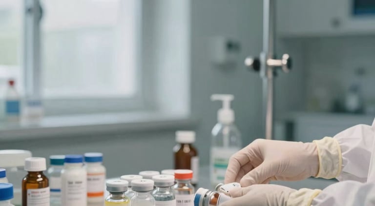 Wide shot of a clinical medication preparation station, hands in surgical gloves arranging labeled medication vials on a stainless-steel tray, sharp clinical overhead lighting mixed with daylight from a nearby window, clean concrete-gray counter surface, no faces visible, tight environmental framing