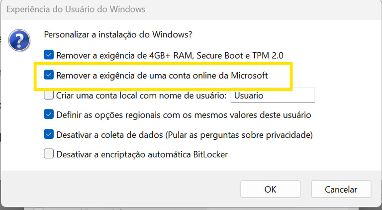 Rufus, remover a exigência de uma conta microsoft