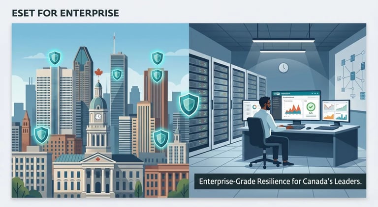 ESET Enterprise security: Montreal skyline and modern data center monitoring for Canadian large-scale corporations.