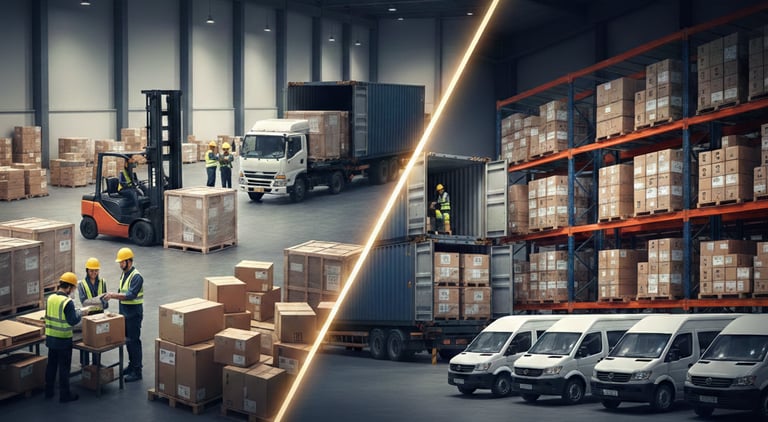 Logistics warehouse operations showing workers, forklifts, delivery vans, and organized cargo storage.