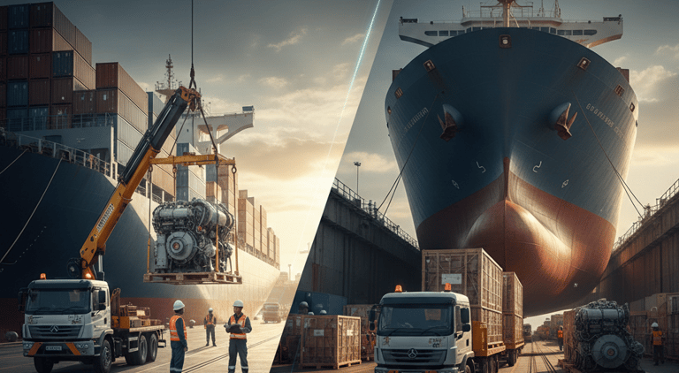 Logistics workers and cranes loading heavy cargo onto a container ship at a busy industrial shipping port.