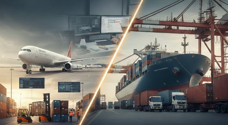Global logistics collage showing air freight, cargo ship port operations, and supply chain management software.