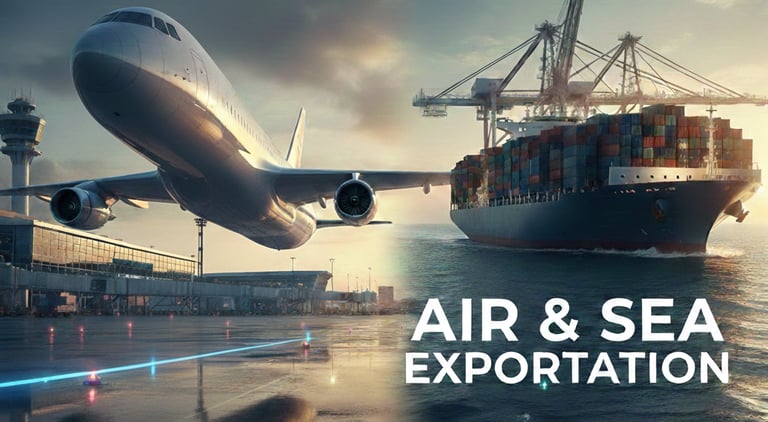 A cargo airplane taking off and a container ship at sea representing global air and sea exportation services.