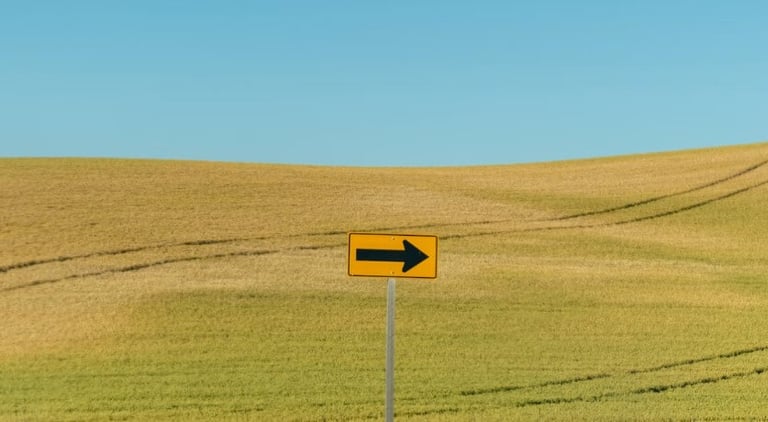 A wide, green-yellow field with a yellow arrow in the front