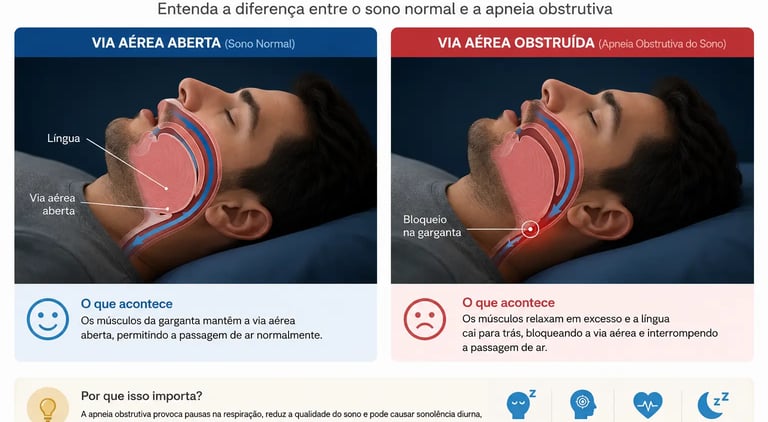 Anatomical comparison showing a normal open airway versus an obstructed airway during obstructive sleep apnea.