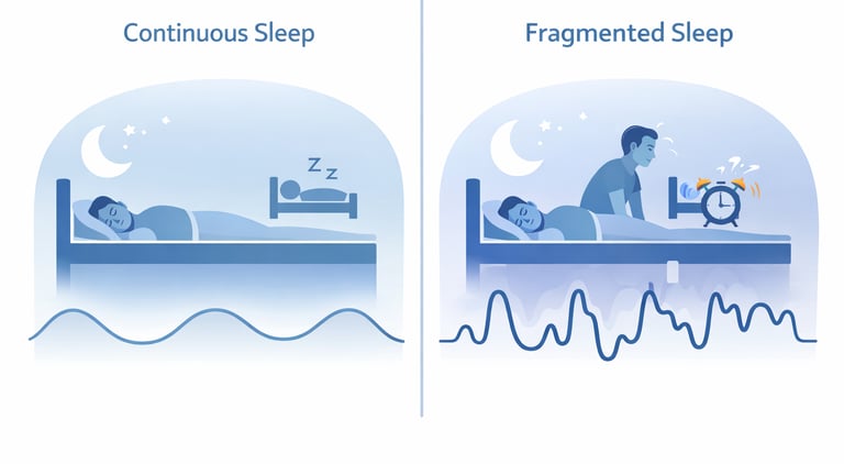 Diagram comparing continuous sleep cycles with stable waves versus fragmented sleep patterns interrupted by an alarm.