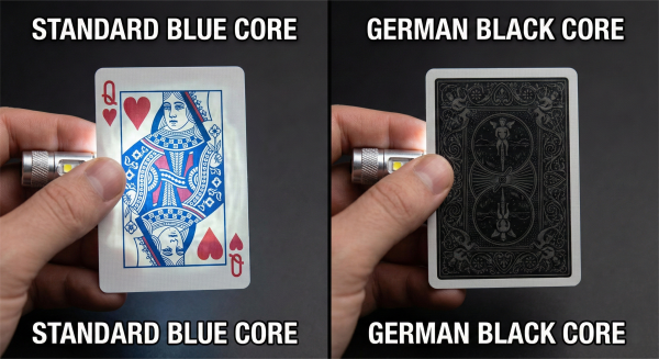 Side-by-side comparison of Blue Core card transparency vs German Black Core opacity.