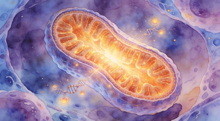 Mitochondria producing cellular energy ATP in watercolor scientific illustration