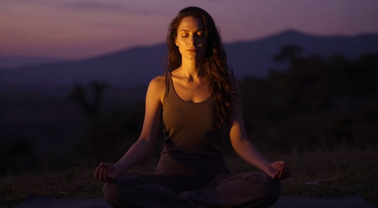 Woman meditating at twilight with face half in light and shadow representing shadow self integration