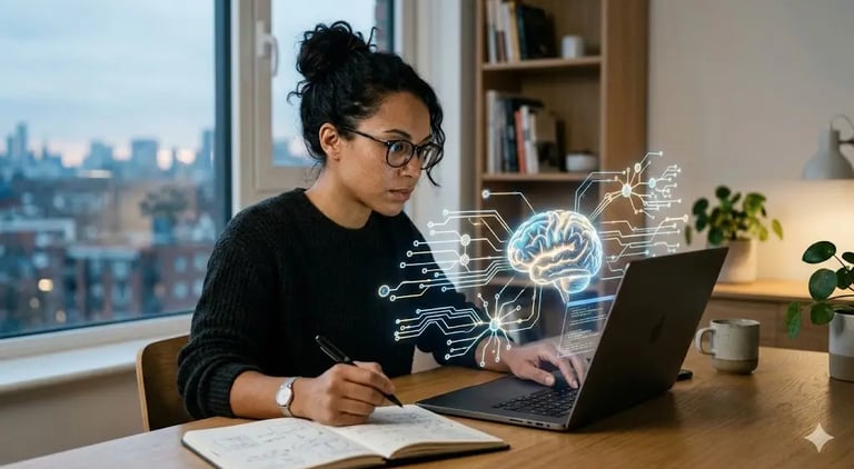 une femme devant son ordi qui réfléchie