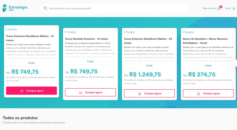 uma página com os preços dos cursos do estratégia med