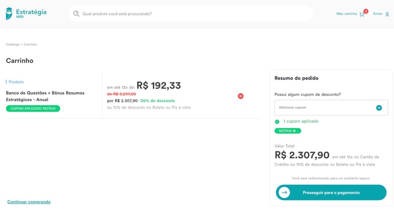 inserção do cupom de desconto no site do estrategia med