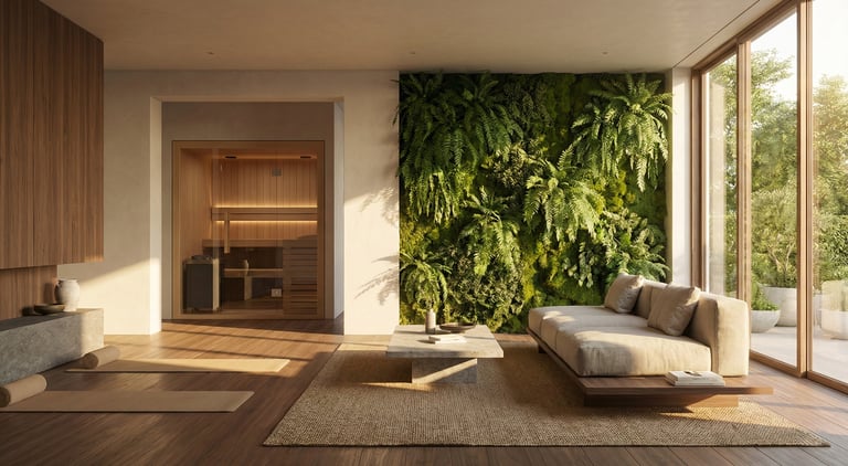 A architectural interior of a luxury modern living room that seamlessly integrating wellness