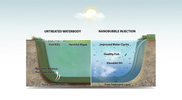 Nanobubble generator diagram showing oxygenation from lake depth to surface for water clarity
