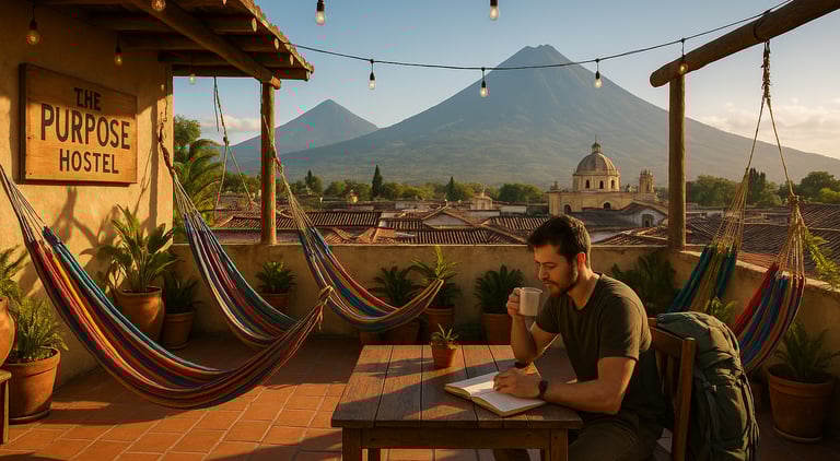 Rooftop terrace of The Purpose Hostel in Antigua, Guatemala, with views of nearby volcanoes, colorful hammocks, potted plants