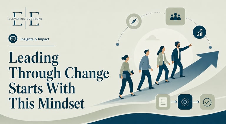 Business team walking up a growth arrow illustrating leading through change and leadership mindset.