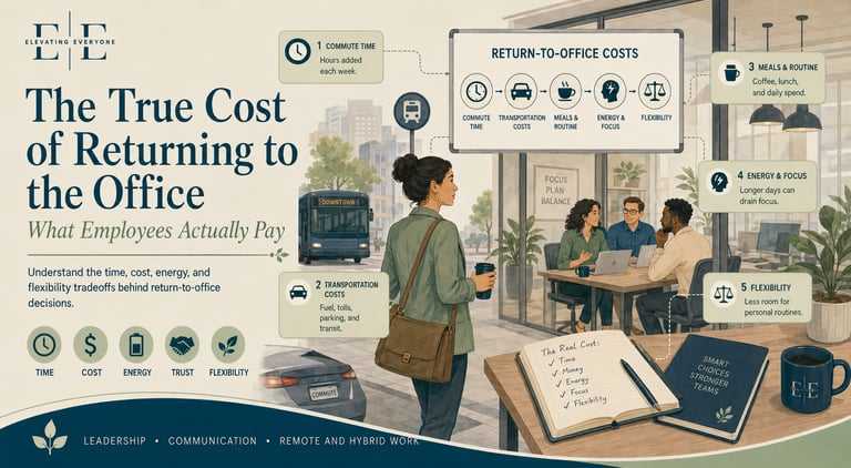An infographic titled The True Cost of Returning to the Office illustrating remote and hybrid work trade-offs.