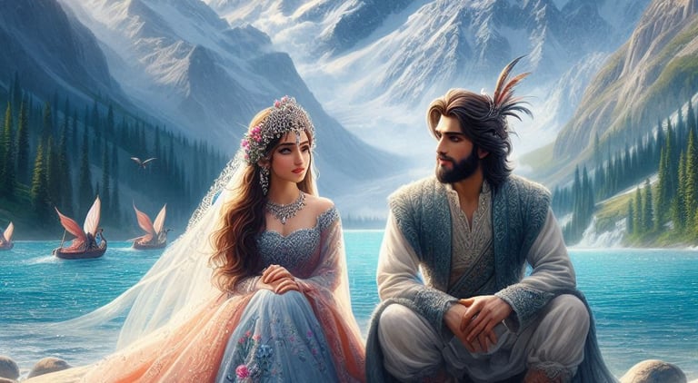 Fairy and prince saif ul malook sitting in front of lake saif ul malook 