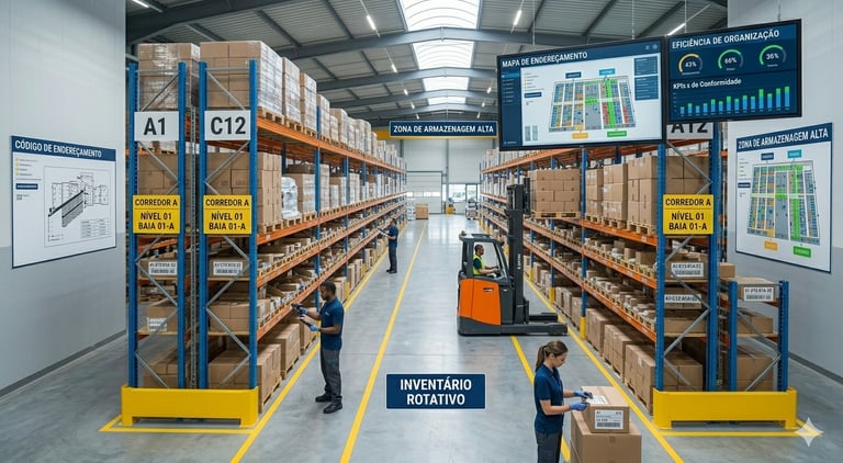 "Técnicas de organização e endereçamento logístico em armazém inteligente."