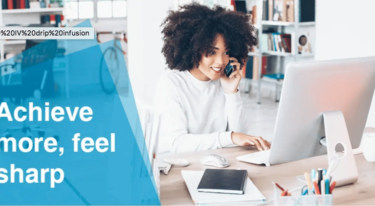 woman smiling while working on the computer, text 'achieve more, feel sharp'