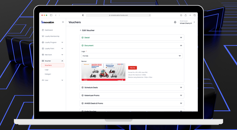 Tampilan antarmuka dashboard sistem manajemen loyalitas AHM di layar laptop.
