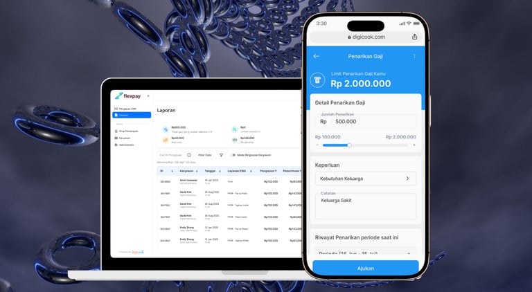 Tampilan Aplikasi Flexpay EWA untuk pengelolaan gaji karyawan di laptop dan ponsel.