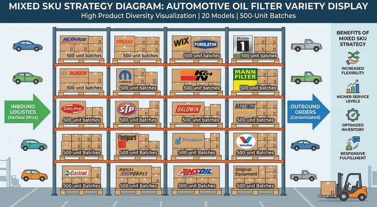 Mixed SKU strategy diagram showing 20 different oil filter models in 500-unit testing batches