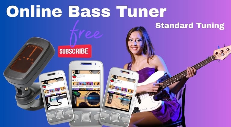 Free online bass tuner app interface with a woman playing a bass guitar in standard tuning.