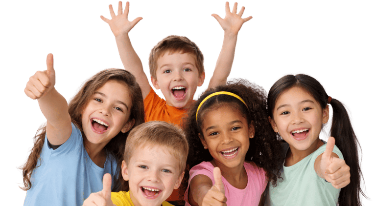 A diverse group of happy children cheering and giving thumbs up on a black background.