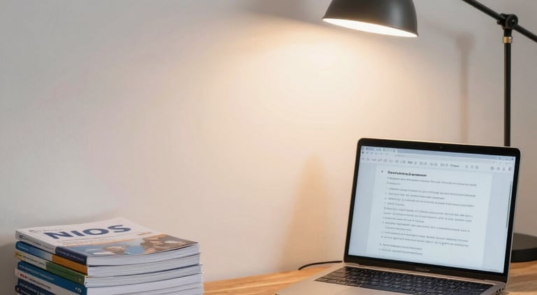 Wide shot of a quiet indoor study room — a wooden desk against a white wall, stacked NIOS subject guides, a laptop open to a practice paper, tungsten lamp casting warm focused light