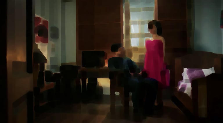 a woman in a pink dress standing in front of a mirror