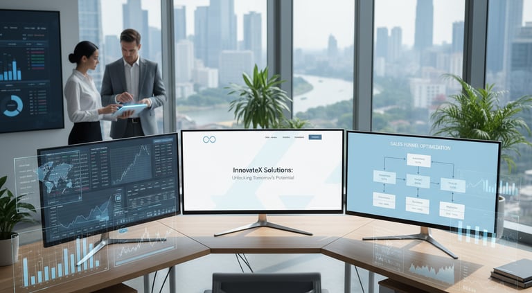 Modern workspace with screens showing a website, sales funnel, and professionals discussing analytic