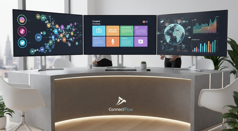 Workspace with screens showing social media dashboards, content calendar, and analytics.