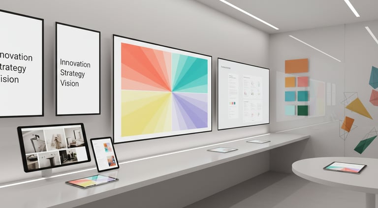 Modern, professional workspace for branding and identity, featuring multiple large screens and table