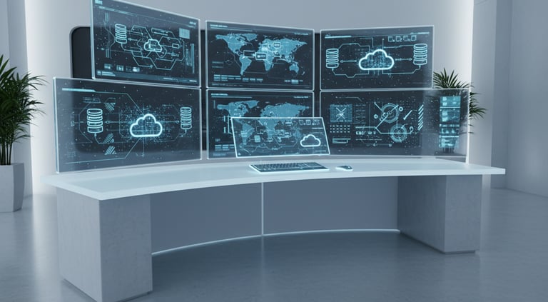 Workspace with screens displaying network diagrams, cloud icons, and server symbols.