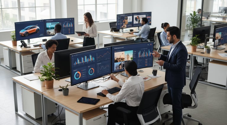 Modern office with screens showing ad dashboards, campaign charts, and ad previews, with realistic p