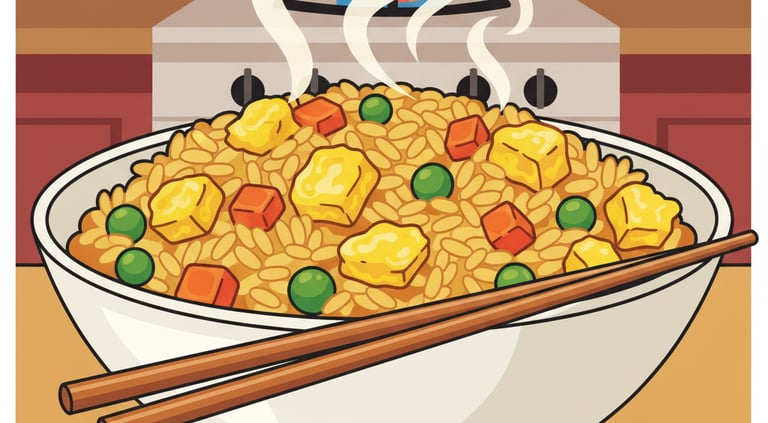 A close-up shot of a steaming bowl of homemade egg fried rice, garnished with green onions. 