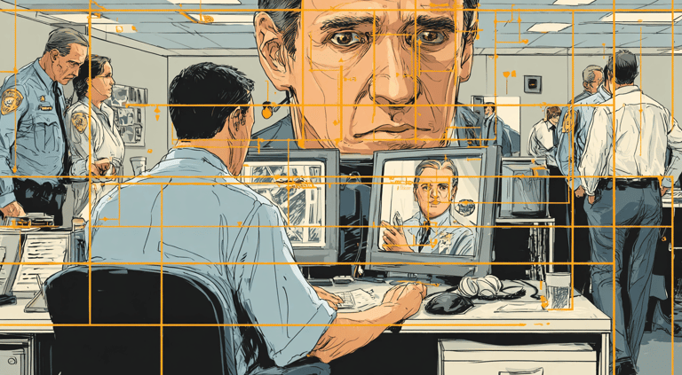 a man in a suit and tie is looking at a television screen