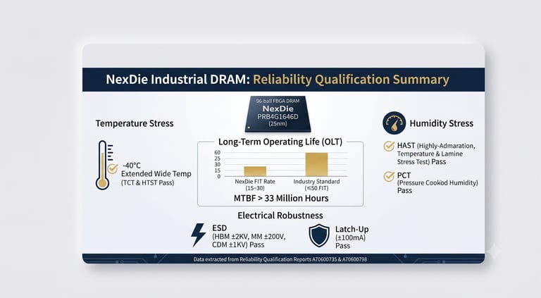 NexDie wide temperature industrial DRAM reliability qualification testing chart