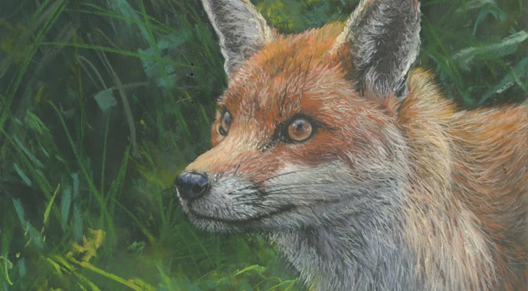 A pastel painting of a Fox head in a green enviroment