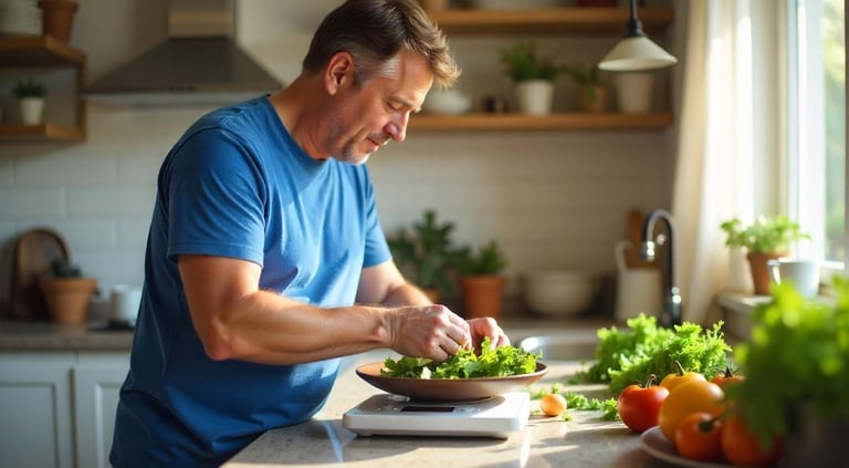 a man weighing food in the kitchen