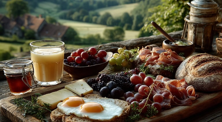 une table de petit-déjeuner avec du pain, des fruits et un verre de jus
