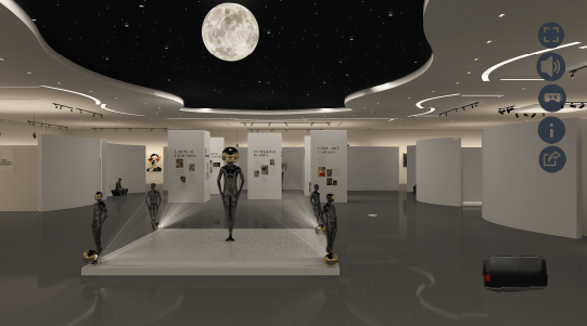 Virtual gallery space with sculptures under a starry sky, featuring white display panels and an illu