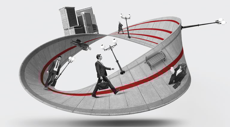 curved path with business people walking, blending urban elements