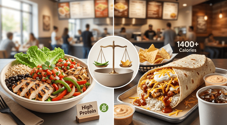 Healthy Chipotle bowl with fresh ingredients compared to high-calorie burrito with chips and sauces,