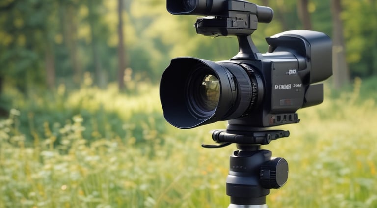 A camera mounted on a tripod is set against a backdrop of teal and blue bokeh lights. The angle suggests a focus on capturing the night sky. The lighting on the camera highlights its structure and details, creating an artistic and professional atmosphere.