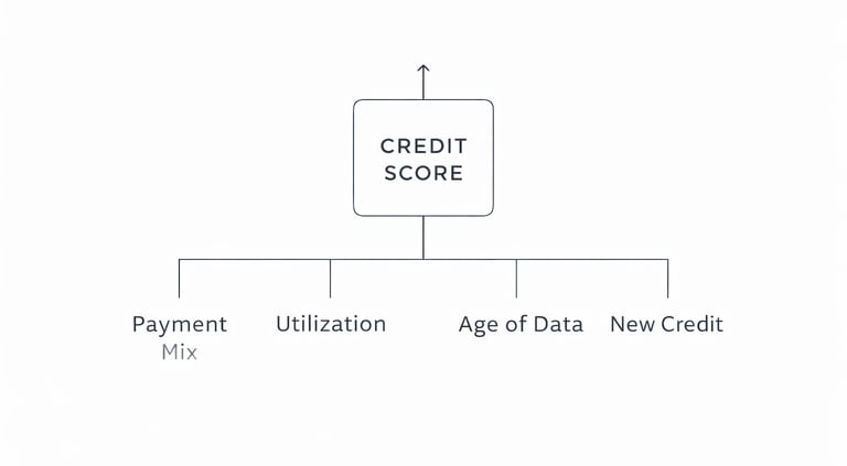 Diagram showing how payment history, utilization, credit age, credit mix, and new credit combine wit