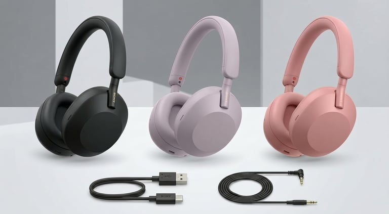 Sony WH-1000XM5 wireless noise cancelling headphones in black, lilac, and pink with charging cables.